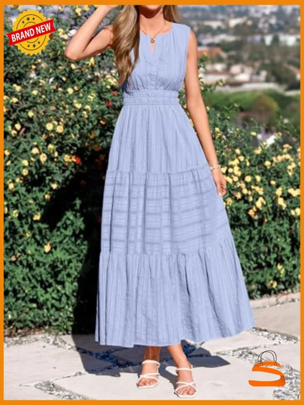 Sleeveless V-Neck Maxi Dress with Pockets Flowy Boho Casual Beach Vacation - Picture 5 of 7